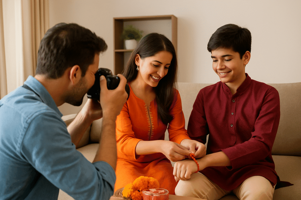 रक्षाबंधन पर बहन भाई को राखी बांधते हुए, फोटोग्राफर यादगार फोटो खींचता हुआ – Raksha Bandhan Photography Business Idea