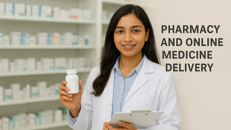 एक महिला मेडिसिन लेकर खड़ी है और pharmacy और online medicine dilivery को दर्शा रही है।