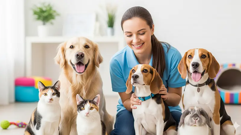 एक महिला pet care business (pet supply shop) कर रही है इसलिए कुते बिल्ली और खरगोश के पास बैठी है। 